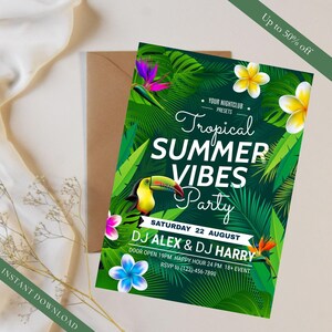 Invitación a fiesta con ambiente tropical de verano, volante editable para noche de club, póster para fiesta en la piscina con temática de jungla de tucanes, celebración de evento musical con DJ