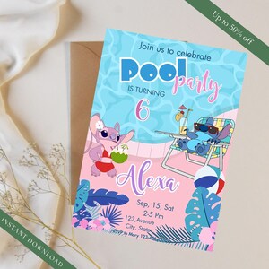 Convite de aniversário com tema de piscina Stitch Lilo, convite para piscina Stitch Lilo, convite para festa tropical na piscina, convite digital para aniversário com tema de natação de verão