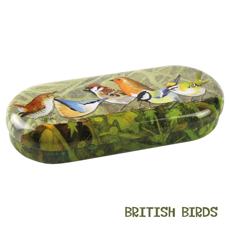 May include: A green oval-shaped glasses case with a colorful illustration of five British birds on a leafy branch. The text "BRITISH BIRDS" is printed below the image.