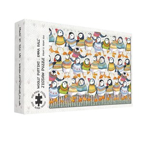 May include: A jigsaw puzzle box featuring a colorful illustration of numerous puffins wearing sweaters. The puzzle is titled "Woolly Puffins" and is 69cm x 18cm in size. The box also includes the text "1000 Piece Jigsaw Puzzle".