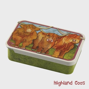 Può includere: Una scatola rettangolare con tre mucche delle Highlands, con le loro lunghe corna e il loro folto pelo marrone. Lo sfondo presenta un cielo blu e erba verde. La scatola ha un bordo bianco e una base strutturata verde. Il testo "Highland Coos" è in basso.