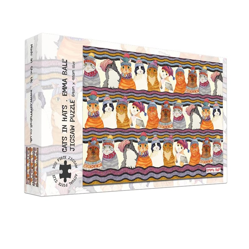 May include: A 1000-piece jigsaw puzzle featuring a colorful illustration of cats wearing hats. The puzzle box displays the text "CATS IN HATS" and the dimensions 69cm x 48cm. The puzzle is made in the UK.
