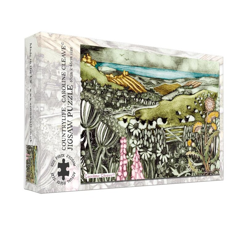 May include: A 1000-piece jigsaw puzzle featuring a countryside landscape illustration. The puzzle box displays the text "COUNTRYLIFE. CAROLINE CLEAVE JIGSAW PUZZLE" and the dimensions 27.16 inches x 18.89 inches. The artwork depicts rolling hills, flowers, and a village.