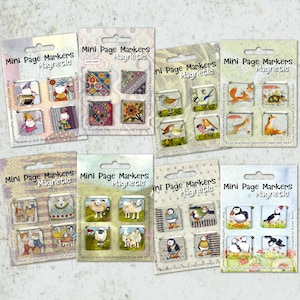 May include: Set of four magnetic page markers featuring colourful illustrations of gnomes, blankets, birds, foxes, sheep, and puffins. Each set includes the text "Mini Page Markers Magnetic" and a short description of the design.