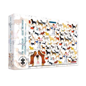 May include: A jigsaw puzzle box featuring a colorful illustration of various dog breeds. The box reads "THE PAW CLUB ERIC HEYMAN" and "1000 PIECE JIGSAW" with an actual size of 27 inches x 19 inches. The puzzle is made in the UK.