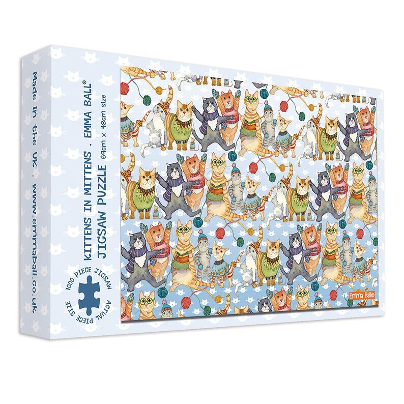 May include: A jigsaw puzzle box featuring a whimsical illustration of numerous cats wearing mittens and winter attire. The puzzle is titled "Kittens in Mittens" and is 69cm x 48cm in size, with 1000 pieces. The box is light blue with a repeating cat paw print pattern.