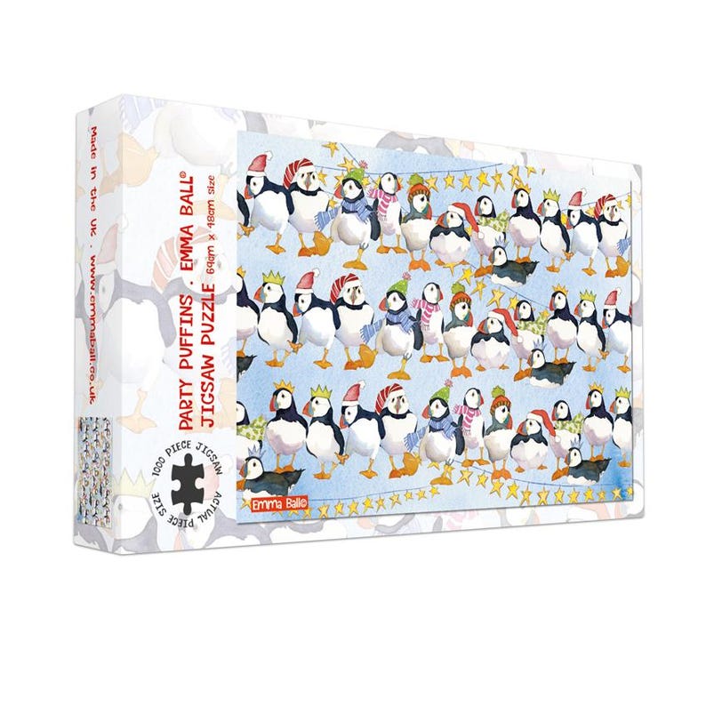 May include: A 1000-piece jigsaw puzzle featuring a whimsical illustration of puffins in party attire. The puzzle box displays the text "PARTY PUFFINS" and "EMMA BALL". The puzzle measures 64cm x 48cm when assembled.
