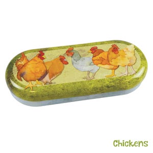 Metal Glasses Case | Hinged Spectacle & Sunglasses Tin | Hard Glasses Case | Emma Ball Chickens