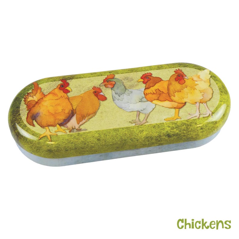 Metal Glasses Case | Hinged Spectacle & Sunglasses Tin | Hard Glasses Case | Emma Ball Chickens