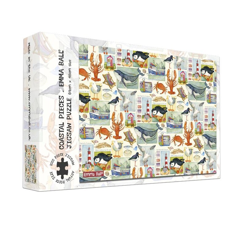 May include: A boxed 1000-piece jigsaw puzzle titled "Coastal Pieces" by Emma Ball. The puzzle features a collage of coastal imagery, including lobsters, whales, seagulls, lighthouses, and boats. The box is labeled with the size: 64cm x 48cm.
