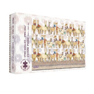May include: A jigsaw puzzle box featuring a whimsical illustration of numerous llamas wearing scarves and hats. The puzzle is labeled "Other Woollies" by Emma Ball, with a size of 69cm x 48cm. The box has a knitted pattern background and states "Made in the UK."