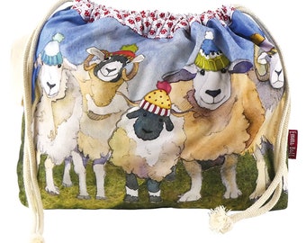 Drawstring bag for Project – Yarn, Knitting, Craft Storage, Lined & Printed by Emma Ball