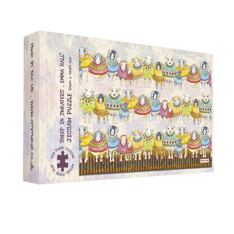 May include: A jigsaw puzzle box featuring a colorful illustration of sheep wearing sweaters. The box reads "SHEEP IN SWEATERS" and "JIGSAW PUZZLE". The puzzle size is 69cm x 48cm.
