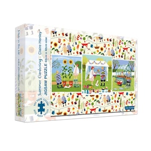May include: A jigsaw puzzle box featuring a colorful illustration of a summer gardening scene. The box includes the text "Summer Gardening" and "Jigsaw Puzzle". The puzzle is 69cm x 48cm in size and contains 1000 pieces.