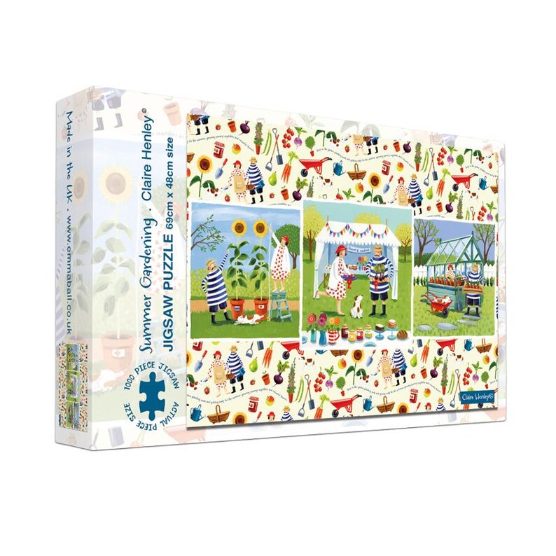 May include: A jigsaw puzzle box featuring a colorful illustration of a summer gardening scene. The box includes the text "Summer Gardening" and "Jigsaw Puzzle". The puzzle is 69cm x 48cm in size and contains 1000 pieces.