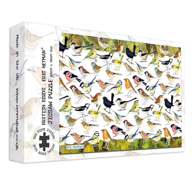 May include: A jigsaw puzzle box featuring a colorful illustration of various British birds. The puzzle is labeled "British Birds" and includes the text "1000 Piece Jigsaw Puzzle." The box dimensions are 27 inches x 19 inches.