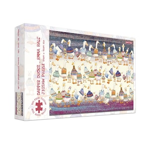May include: A boxed 1000-piece jigsaw puzzle featuring a whimsical illustration of numerous ducks dressed in colorful sweaters and vests. The puzzle is titled "Dapper Ducks" and measures 27 inches by 19 inches.