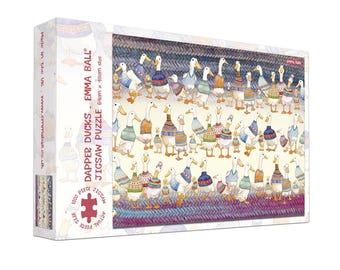 May include: A boxed 1000-piece jigsaw puzzle featuring a whimsical illustration of numerous ducks dressed in colorful sweaters and vests. The puzzle is titled "Dapper Ducks" and measures 27 inches by 19 inches.