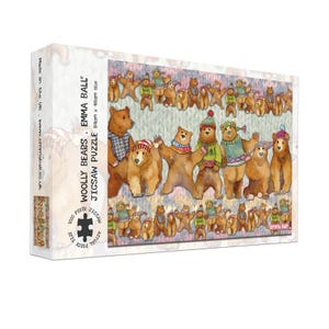 May include: A jigsaw puzzle box featuring a colorful illustration of cartoon bears wearing winter clothing. The box reads "WOOLLY BEARS" and "JIGSAW PUZZLE" with a size of 60cm x 48cm. The puzzle contains 1000 pieces.