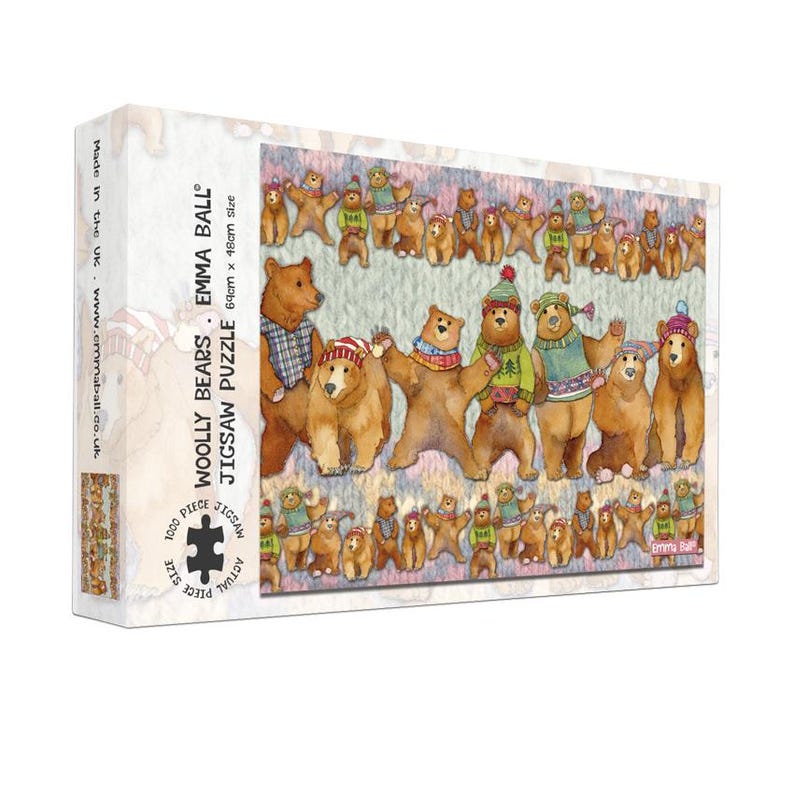 May include: A jigsaw puzzle box featuring a colorful illustration of cartoon bears wearing winter clothing. The box reads "WOOLLY BEARS" and "JIGSAW PUZZLE" with a size of 60cm x 48cm. The puzzle contains 1000 pieces.