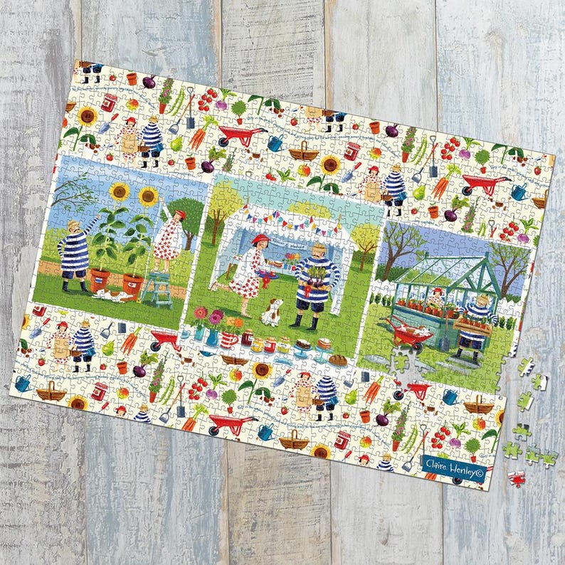 May include: A colorful jigsaw puzzle featuring a garden scene with people, plants, and tools. The puzzle has a repeating pattern of garden elements around the edges. The central images depict gardening activities, including a greenhouse and a market stall. The puzzle is signed "Claire Henley".