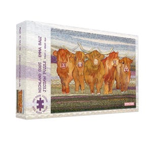 May include: A jigsaw puzzle box featuring a watercolor painting of five Highland cows with long horns and shaggy brown fur. The box reads "Highland Coos" and "Jigsaw Puzzle" with the size 69cm x 48cm and 1000 pieces. Made in the UK.