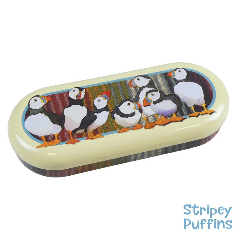 Metal Glasses Case | Hinged Spectacle & Sunglasses Tin | Hard Glasses Case | Emma Ball Stripey Puffins