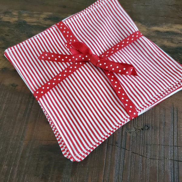 Handmade Fabric Red Striped Cocktail Napkins - Set fo 4 - FREE SHIPPING