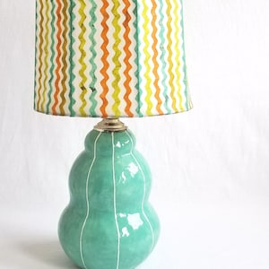 Jade green Turban lamp handmade in clay with matching finial & unique paper shade by Jil Smith