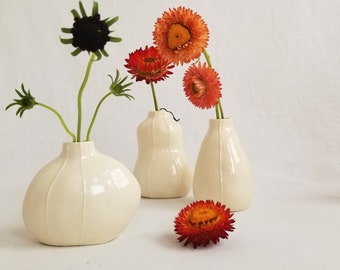 Set of 3 white bud vases. Simple natural gift