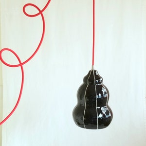 Black ceramic pendant light fixture. Pottery hanging lamp with red plugin cord image 3