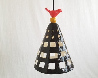 Hanging black, cone cage, pendant light with ceramic bird. Plugin cord