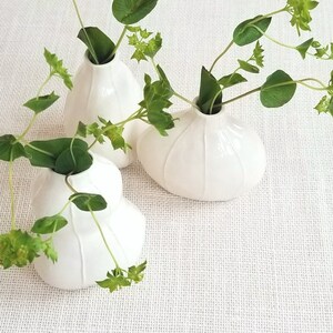 Set of 3 white ceramic bud vases handmade  with thin, raised white stripes. Shown with green foliage