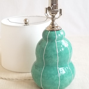 Parts included with handmade jade green ceramic lamp with white linen shade