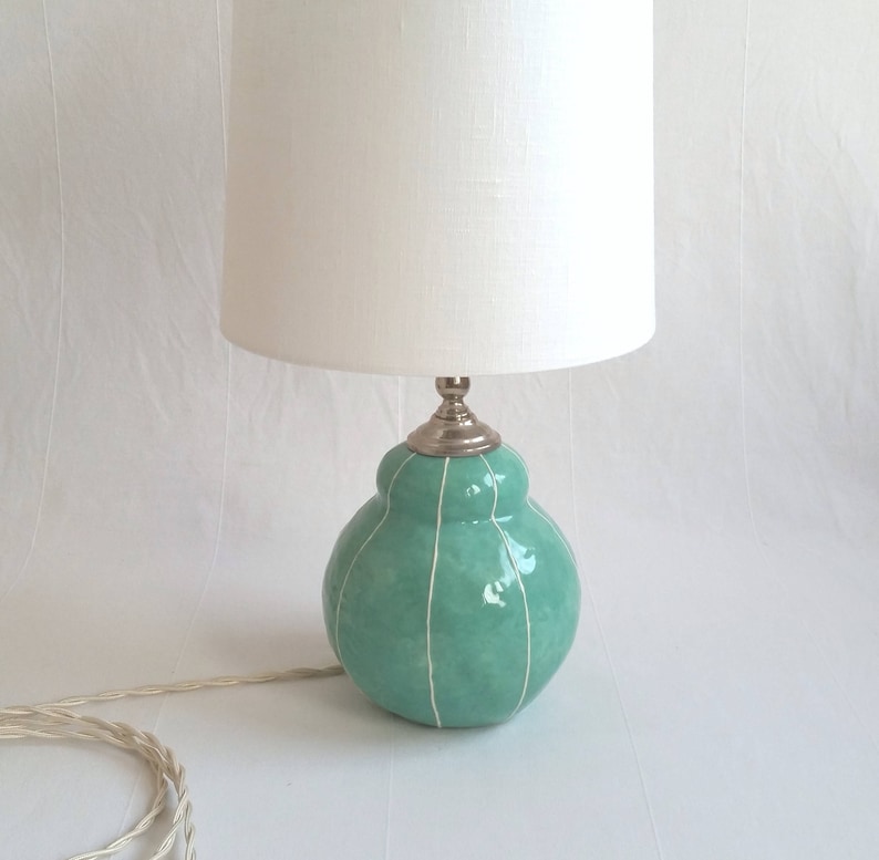 Small ceramic bedside table lamp. Creamy ivory white or custom colors jade green