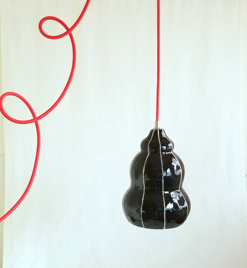 Black ceramic pendant light fixture. Pottery hanging lamp with red plugin cord image 3