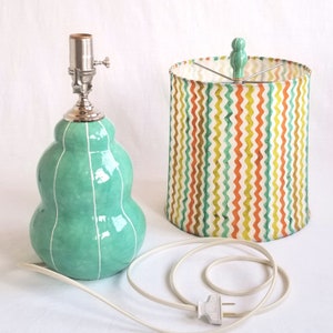 Parts included with jade green Turban lamp handmade in clay with matching finial & unique paper shade by Jil Smith