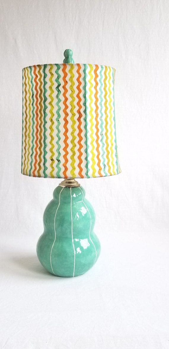 Jade Green Table Lamp From Kri Kri Studio. OOAK Striped Shade