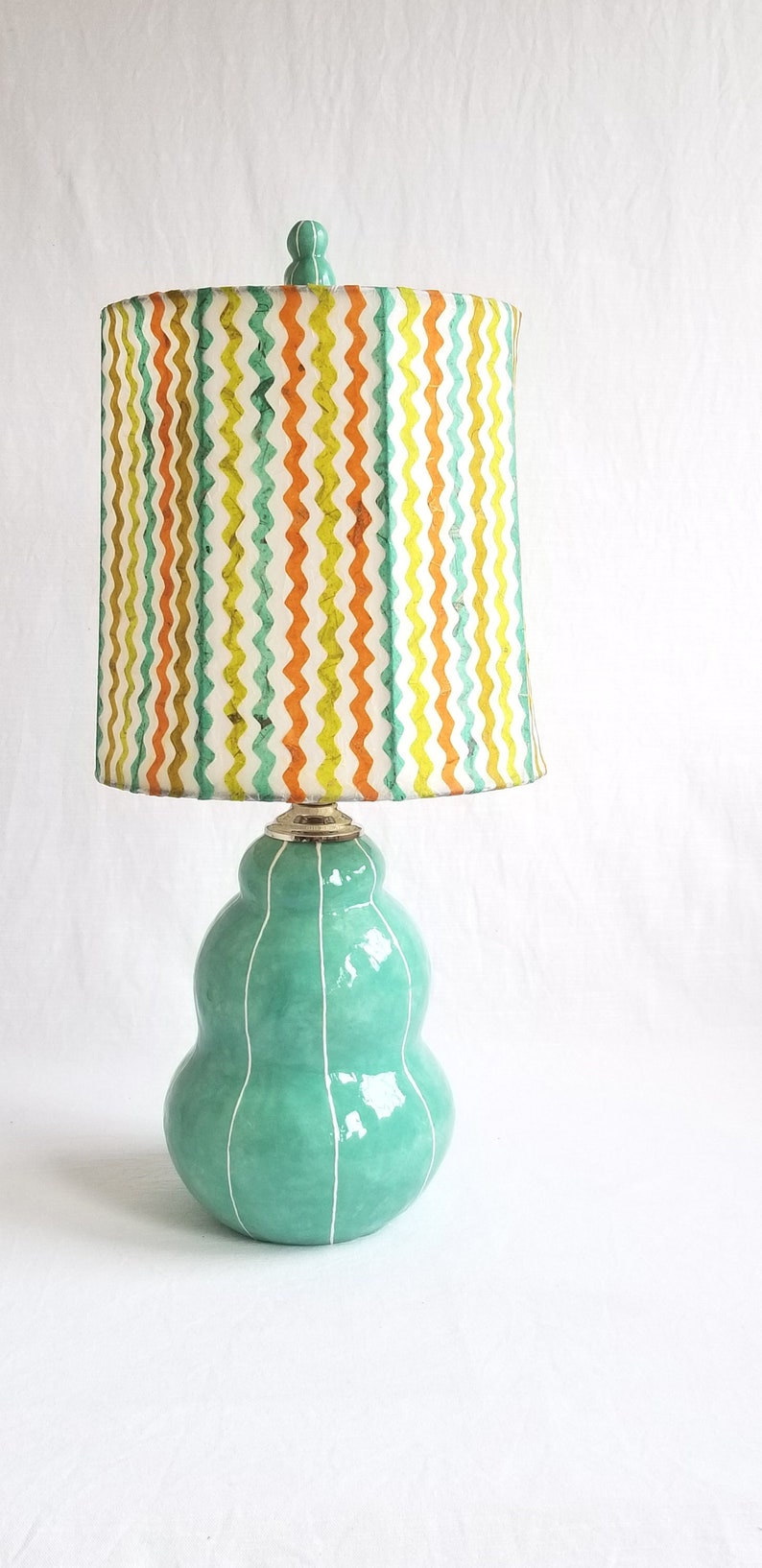 Jade green Turban lamp handmade in clay with matching finial & unique paper shade by Jil Smith