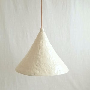 Large, 15" diameter, white cone pendant light with bead detail. Handmade in clay