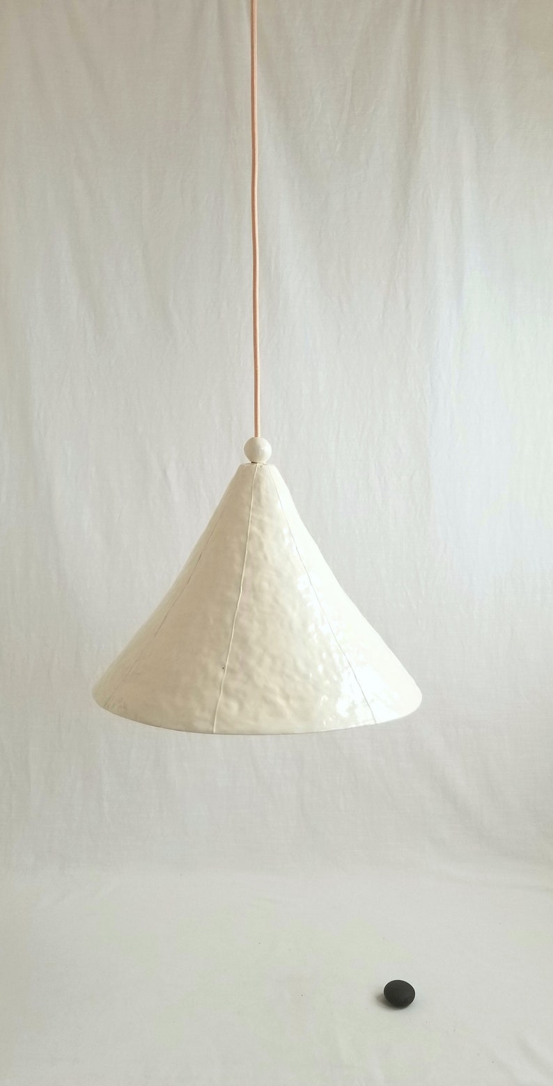 Large, 15" diameter, white cone pendant light with bead detail. Handmade in clay
