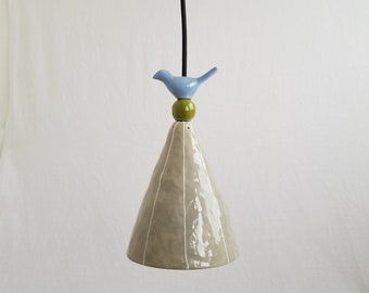 Small ceramic pendant light w/whimsical bird. White or colorful