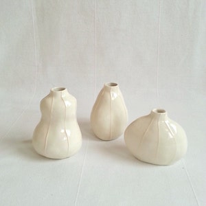 Set of 3 white ceramic bud vases handmade  with thin, raised white stripes