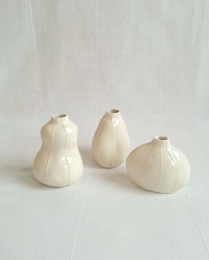 Set of 3 white ceramic bud vases handmade  with thin, raised white stripes