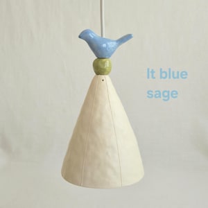 Small pendant light w/whimsical bird. White or colorful ceramic