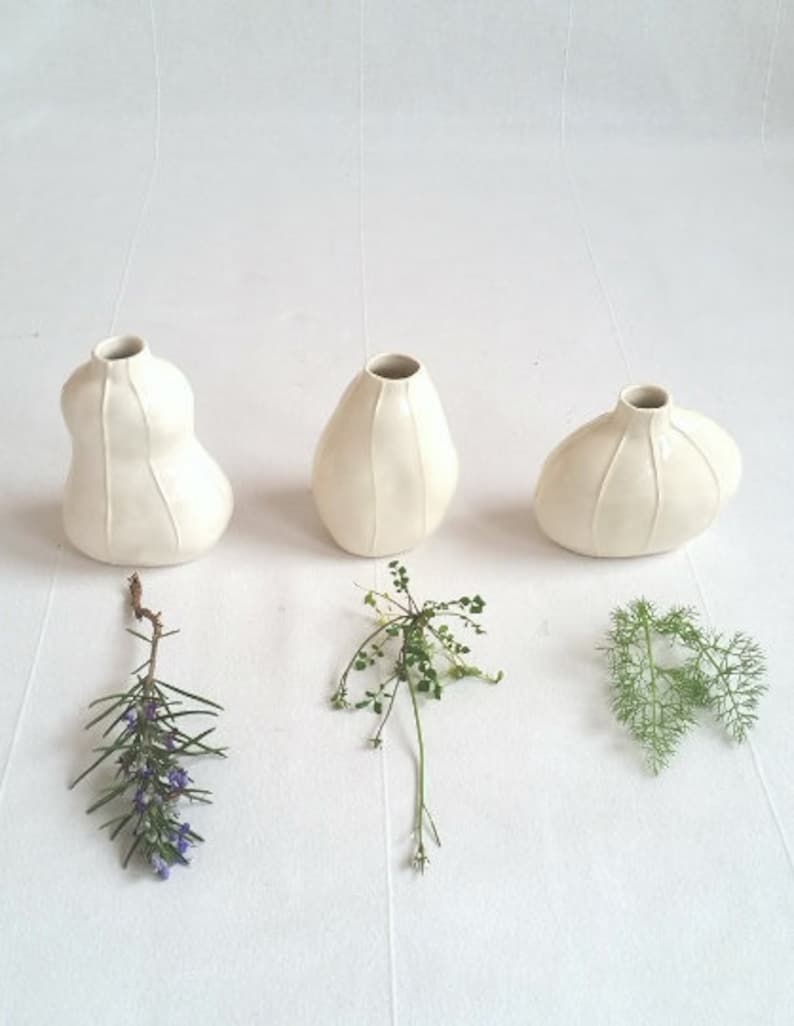 Set of 3 white ceramic bud vases handmade  with thin, raised white stripes