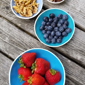 set of 4 nesting bowls in different shades of blue shown with strawberries, blueberries, nuts & dates