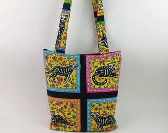 Dia de los Muertos Kitty Cat Large Tote Bag Library Book Bag  Cats Day of the Dead Sugar Skulls Flowers