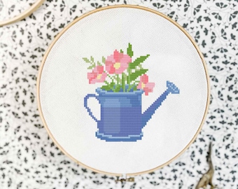 Flowers in Watering Can Cross Stitch Pattern