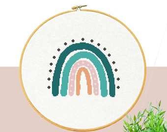 Teal, Pink, Orange Boho Rainbow Cross Stitch